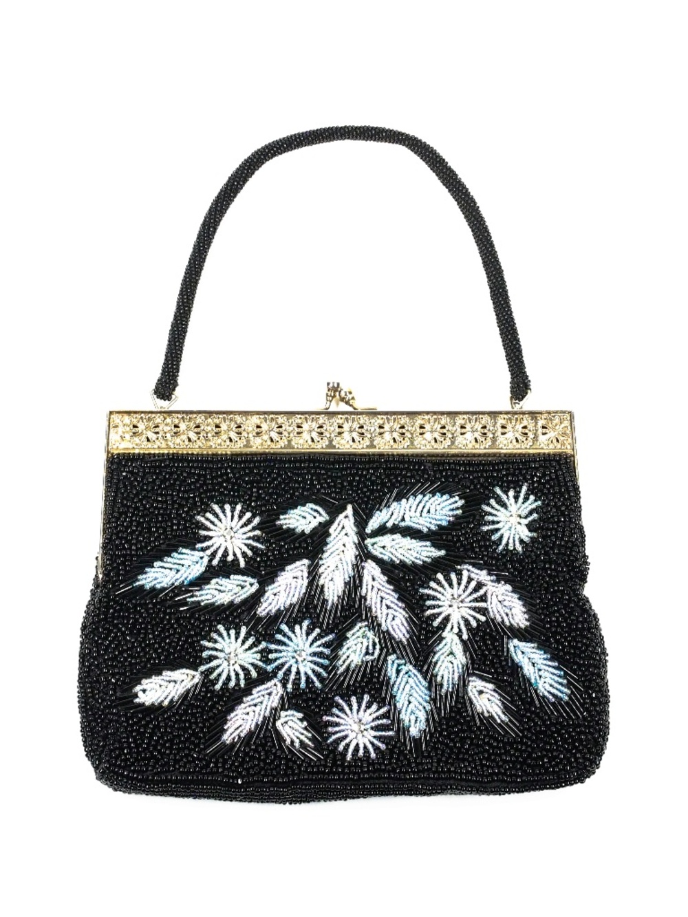 Beaded Vintage 50s Handbag Black Pastel Iridescent blue turquoise pink lavender